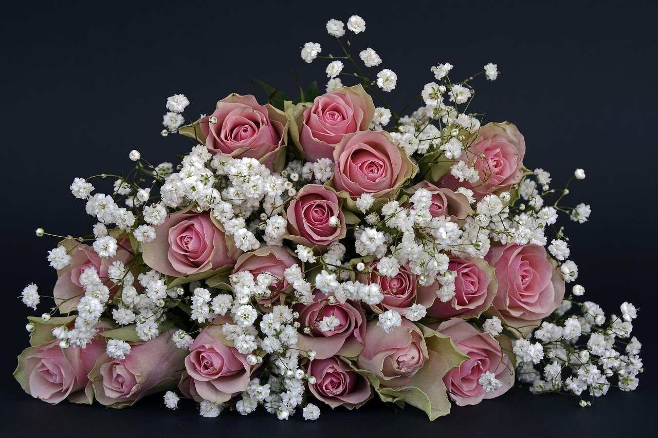 roses, rose petals, flower wallpaper, blossoms, pink, beautiful flowers, white, gypsophila, flower, flower background, nature, bouquet of flowers, thank you, love, in love, wedding, bouquet of roses, wedding day