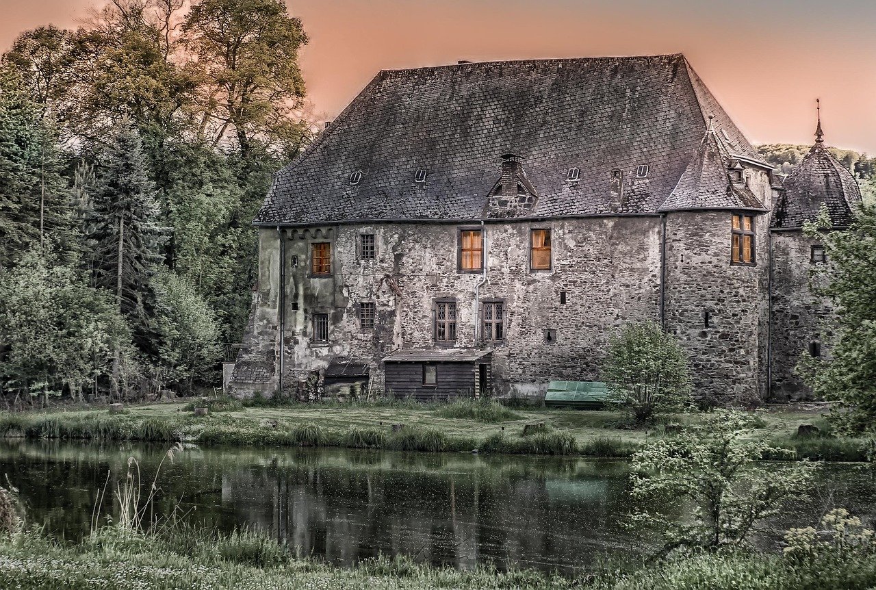 architecture, building, castle, old, krayerhof, andernach, wall, stone, slate roof, pond, house, stone house, historical, masonry, bricked up, lake, reflection, nature, landscape, castle, castle, castle, castle, castle, pond, house, house, house, house
