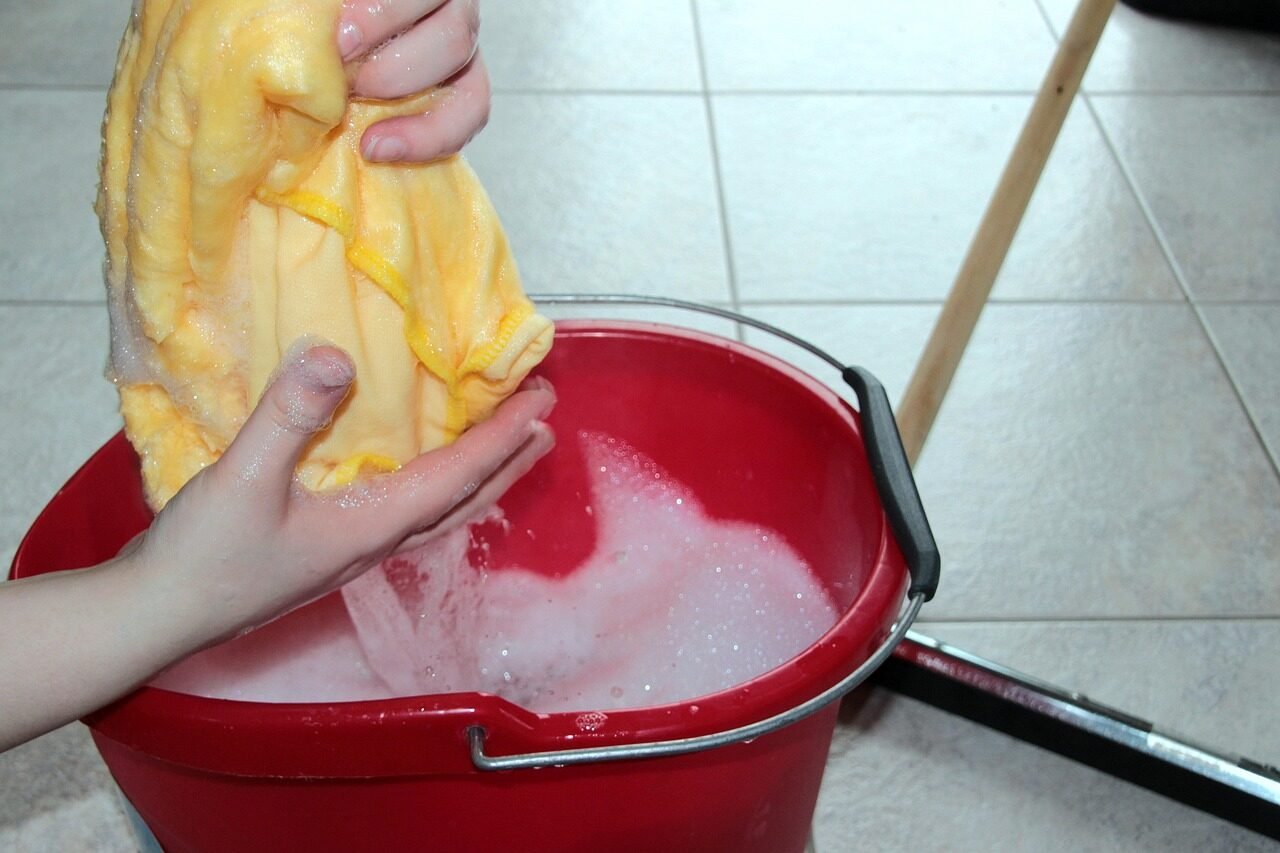 cleaning bucket, cleaning rags, soapy water, transducer, clean, wring clean, scraper, clean the floor, clean, clean, clean, clean, clean