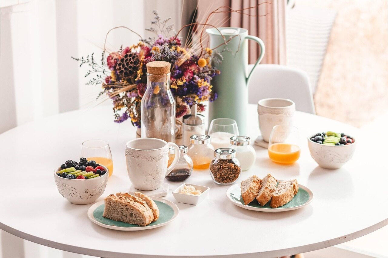 breakfast, meal, food, fruit, bread, orange juice, table, breakfast, breakfast, breakfast, breakfast, breakfast