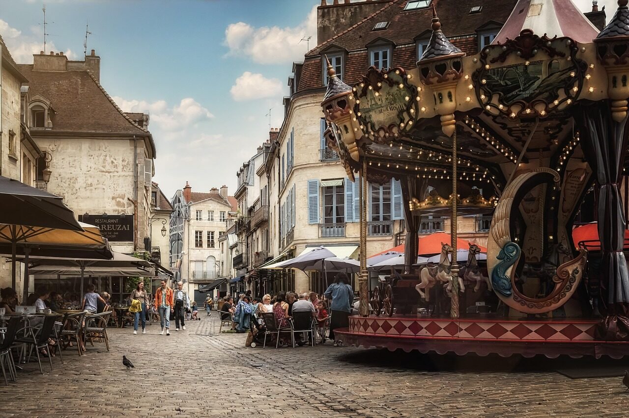 carousel, old town, urban, dijon, france, street, pedestrian zone, people, downtown, shopping street, city, old, historical, street photography, dijon, france, france, france, france, france, street, street