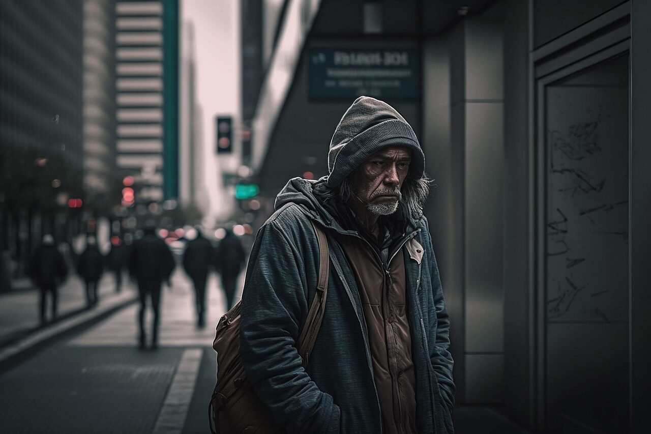 ai-generated, homeless, man, opposites, office building, business, poor, poor man, poor, poor man, poor man, poor man, poor man, poor man